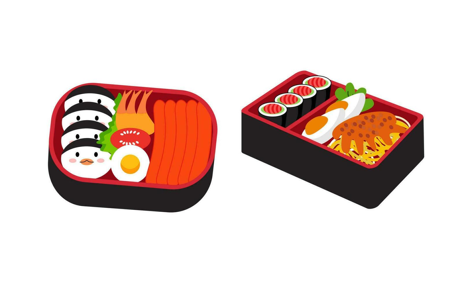 Bento box logo. Japanese lunch box. Various traditional asian food cartoon style vector