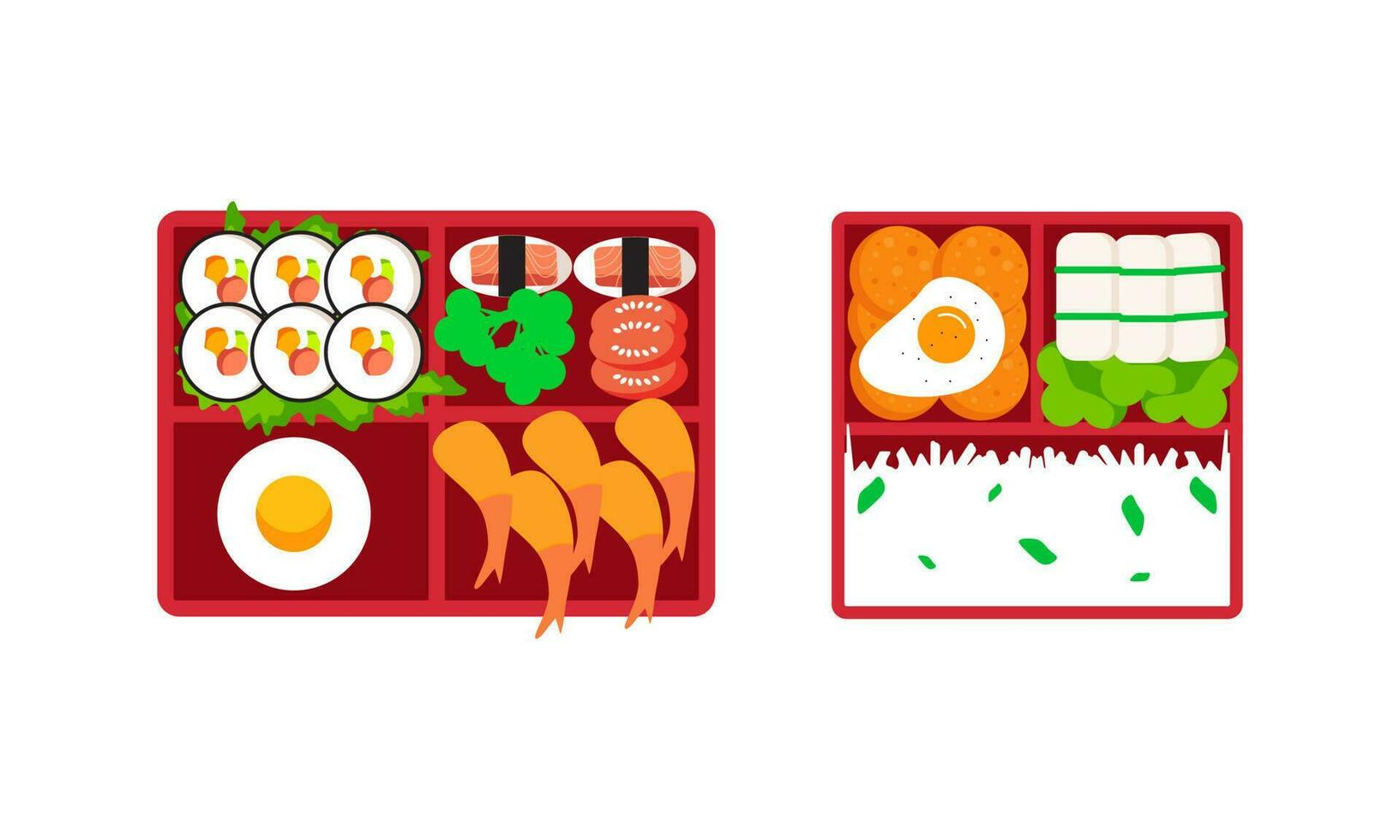 Bento box logo. Japanese lunch box. Various traditional asian food cartoon style vector