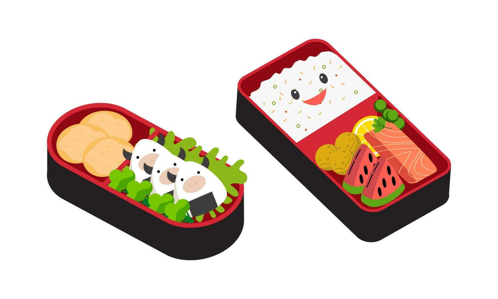 Bento box logo. Japanese lunch box. Various traditional asian food cartoon style vector