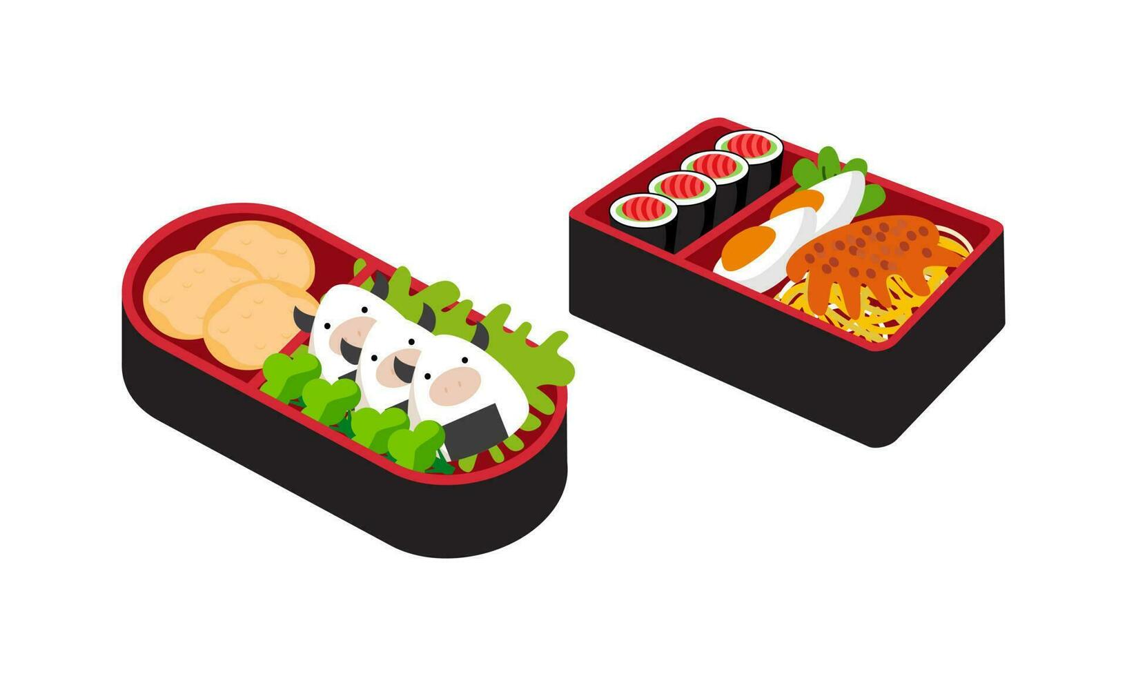 Bento box logo. Japanese lunch box. Various traditional asian food cartoon style vector