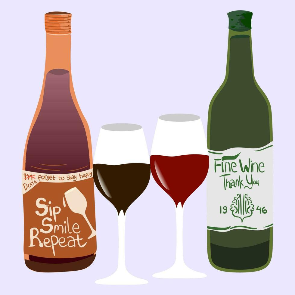 Set of vector red, and rose wine bottles with glasses. Flat vector illustration Hand drawn Clip Art