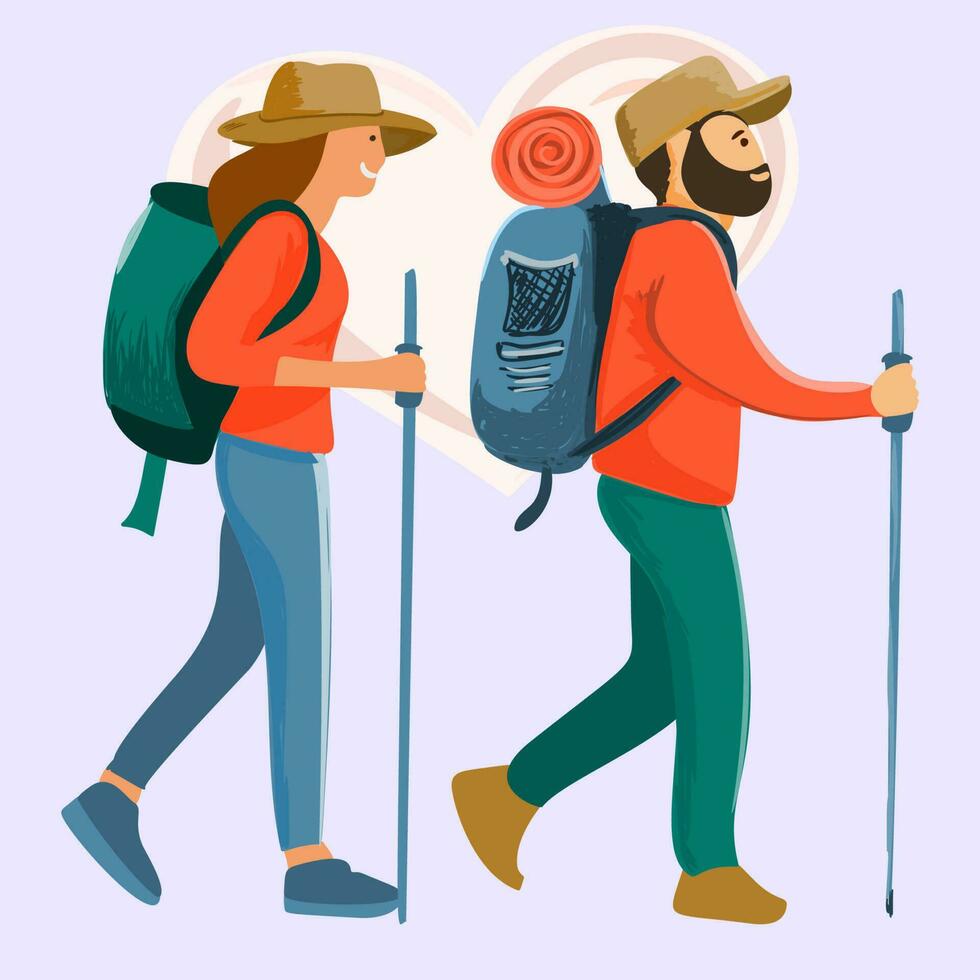 Hiking tourists walk. A young family couple. Vector illustration of a flat design Illustration of Young African American Couple Hiking in Mountains