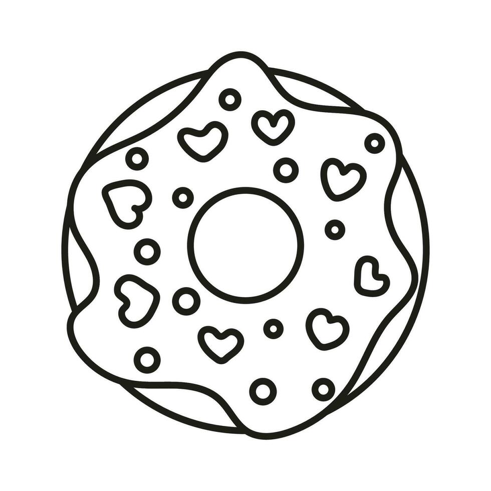 Isolated doodle Donut with hearts black and white. Outline vector illustration Icon sweets concept.