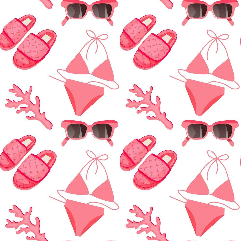 Pink seamless summer pattern with beach elements such as sunglasses, coral, swimsuit and slippers vector
