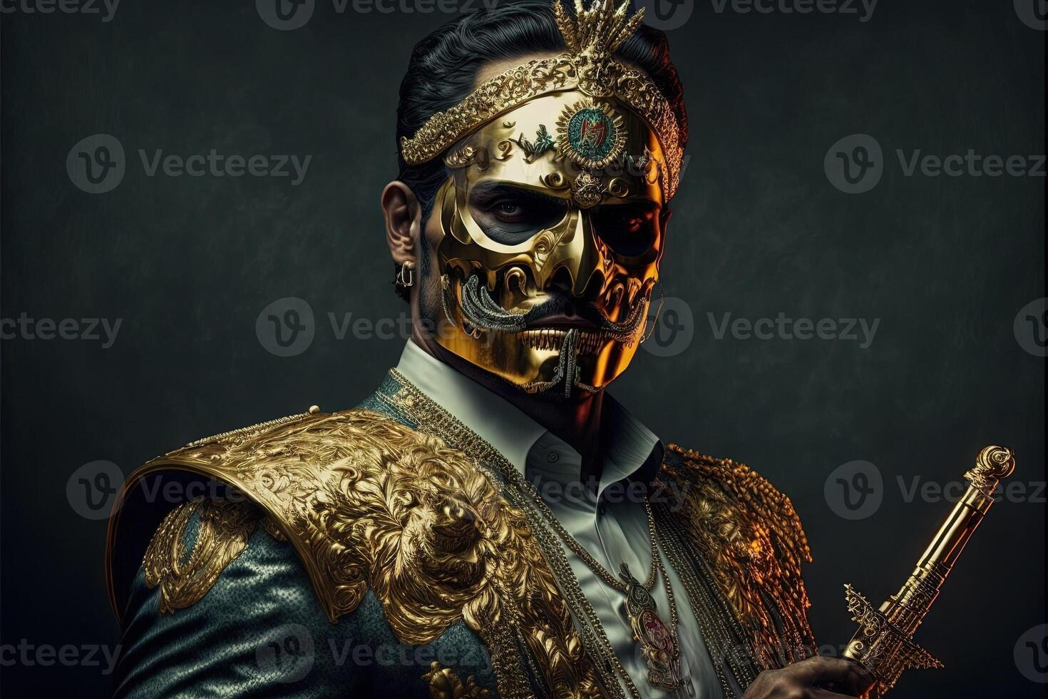 King of narcos wearing gold mask illustration photo