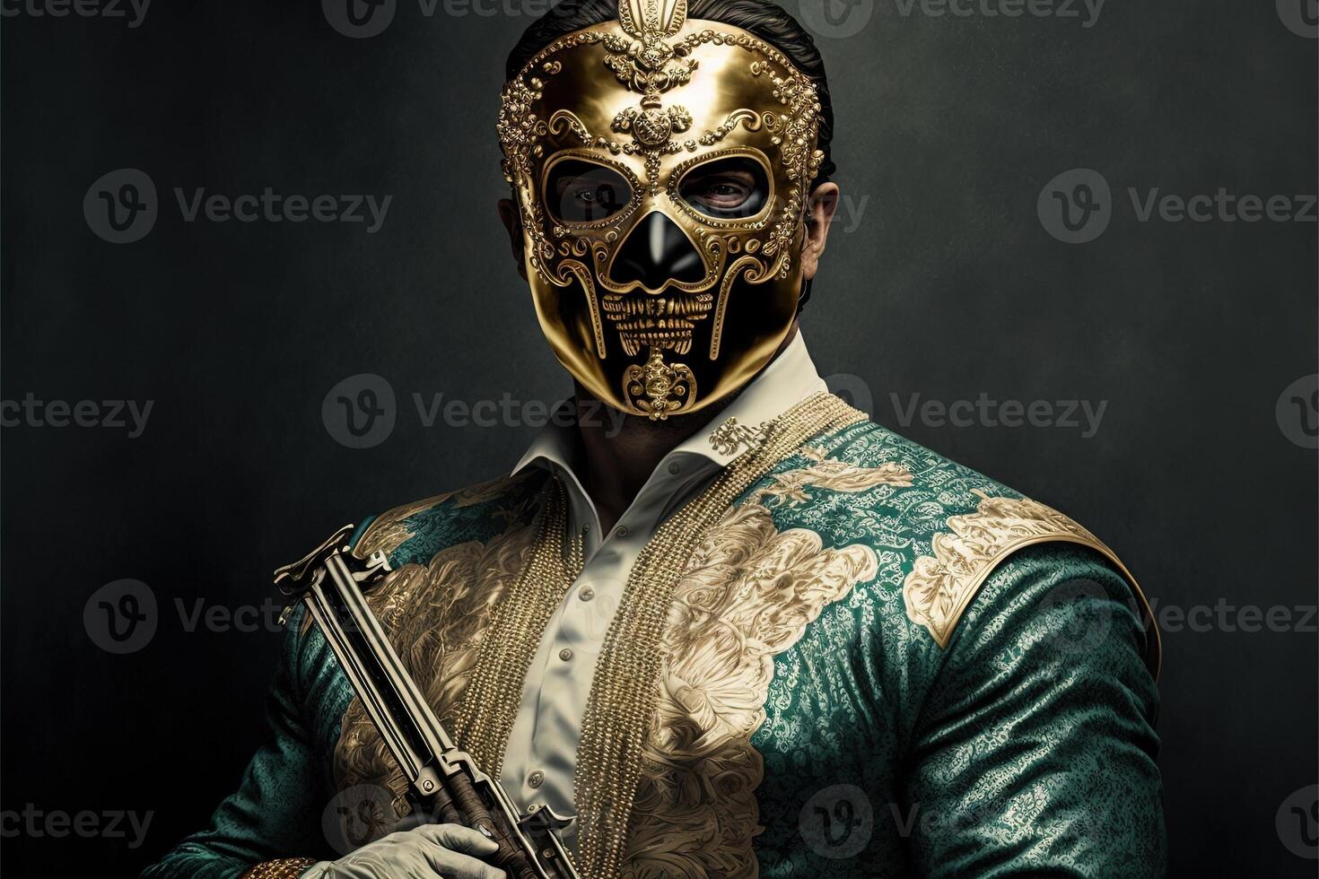 King of narcos wearing gold mask illustration photo