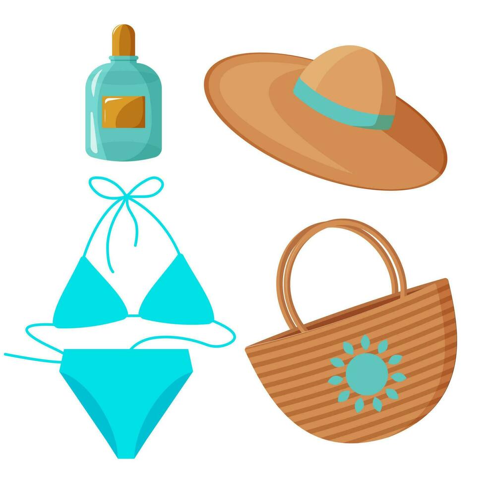 Set of fashion accessories from the sun. Summer set. Blue swimsuit, hat, parfum and bag. vector