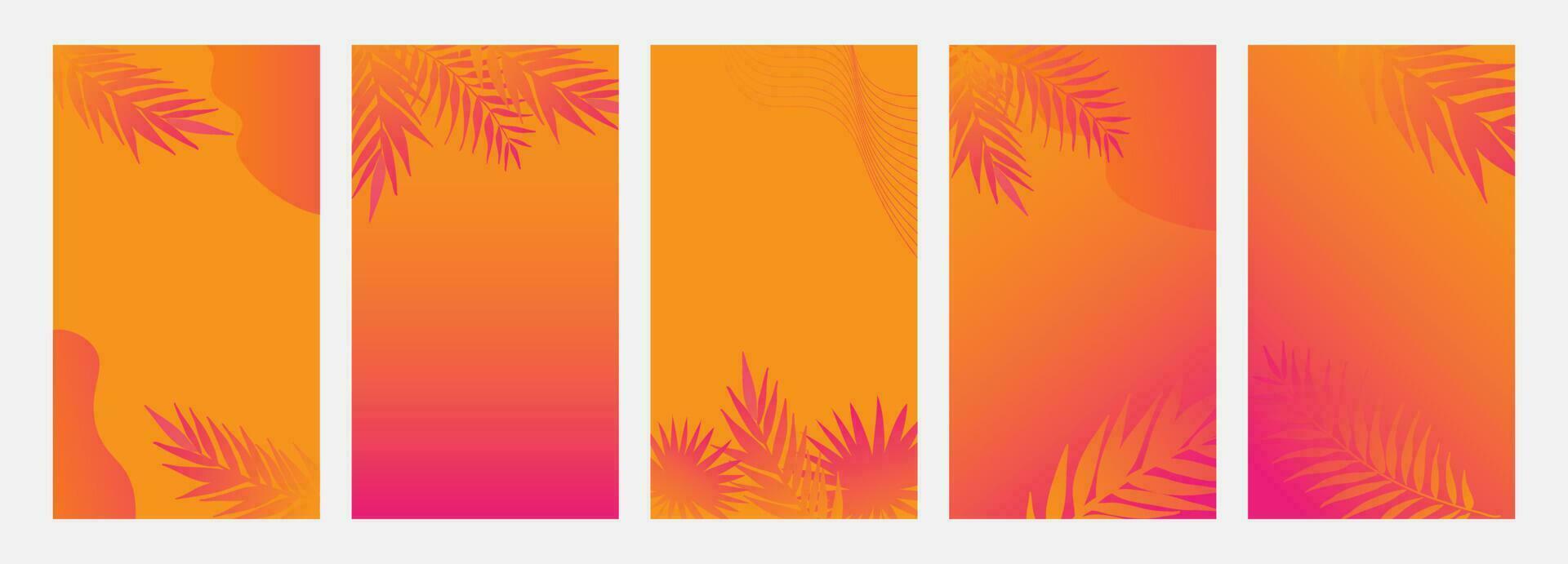 social medios de comunicación historia diseño plantillas. resumen de colores formas, línea letras y palma hojas, rosado y naranja color vector