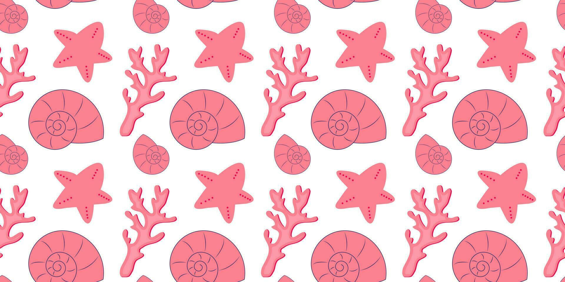 Seamless pattern with pink seashells, corals and starfishes. Marine background. vector