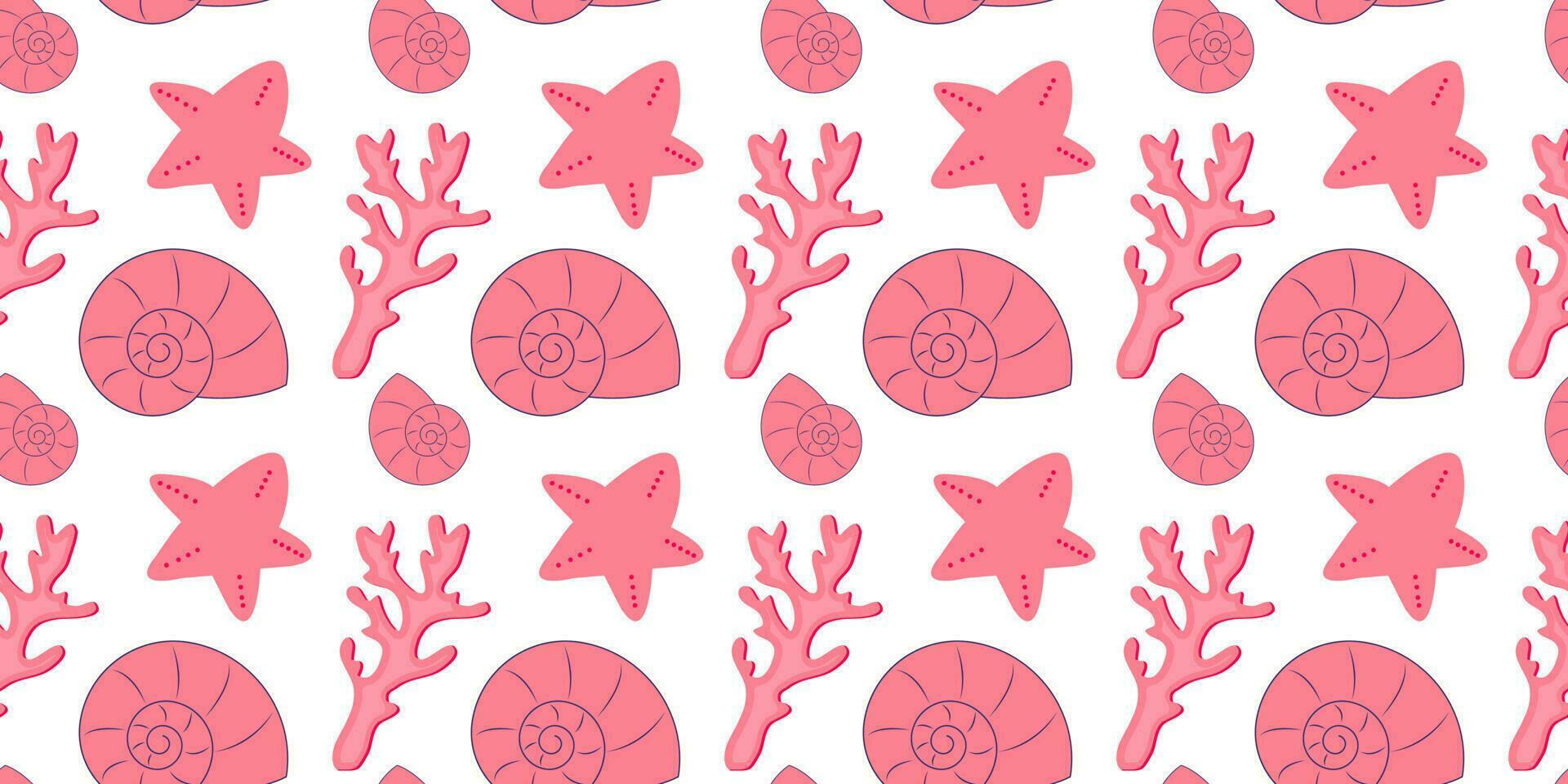 Seamless pattern with pink seashells, corals and starfishes. Marine background. vector