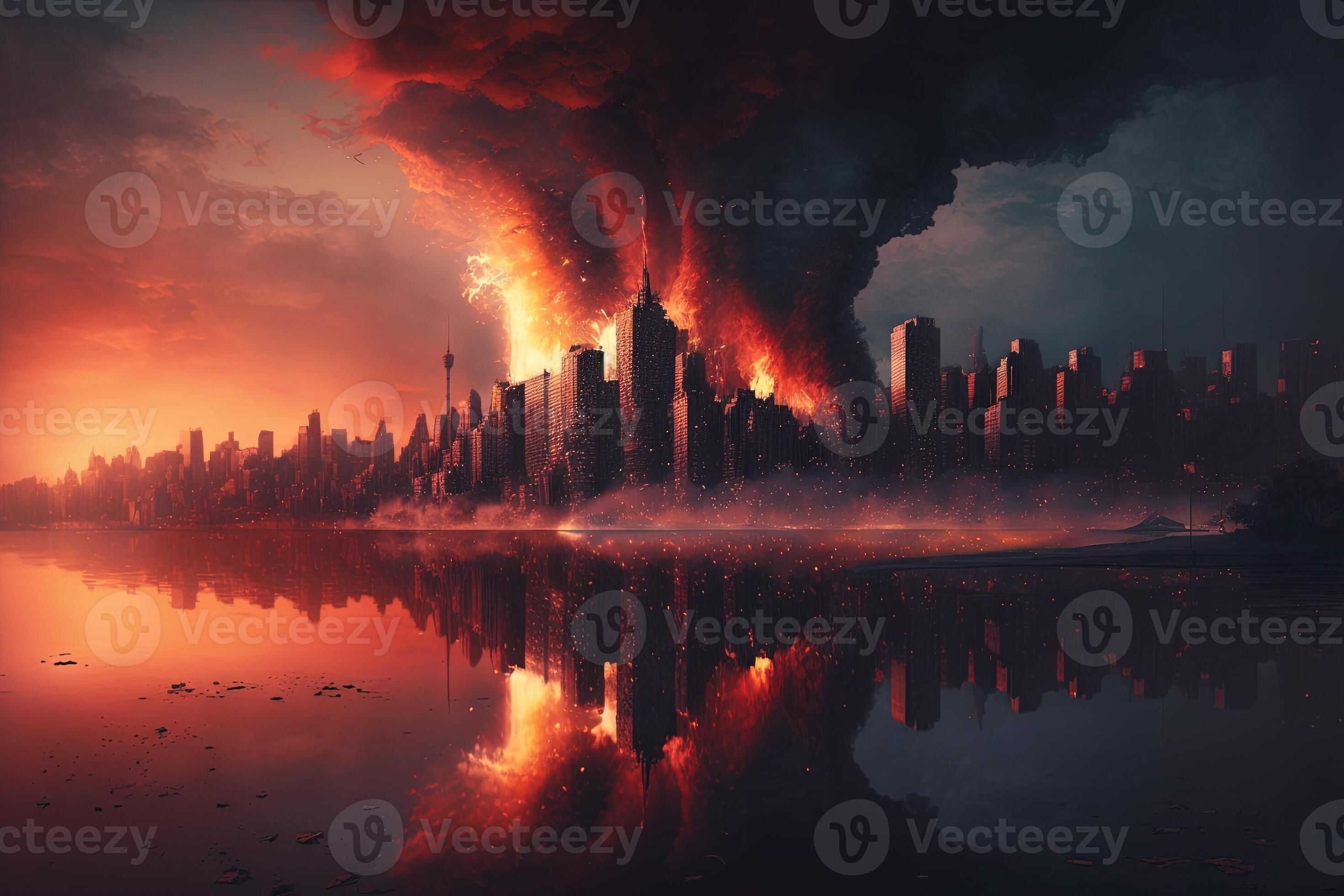 nuevo York es ardiente en fuego a noche apocalipsis escena ilustración