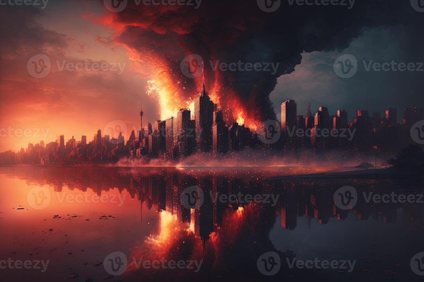 new york is burning on fire at night apocalypse scene illustration