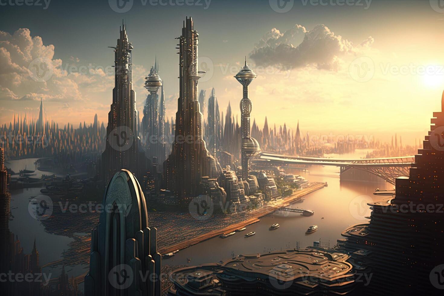 New York City of the future year 2100 with flying cars and new skyscarpers illustration photo