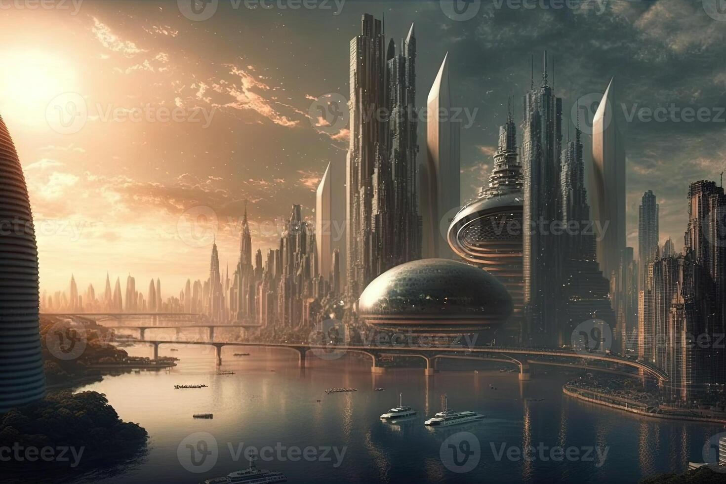 New York City of the future year 2100 with flying cars and new skyscarpers illustration photo