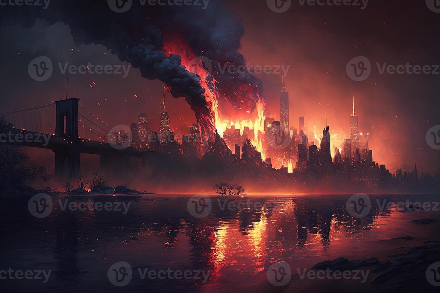 new york is burning on fire at night apocalypse scene illustration photo