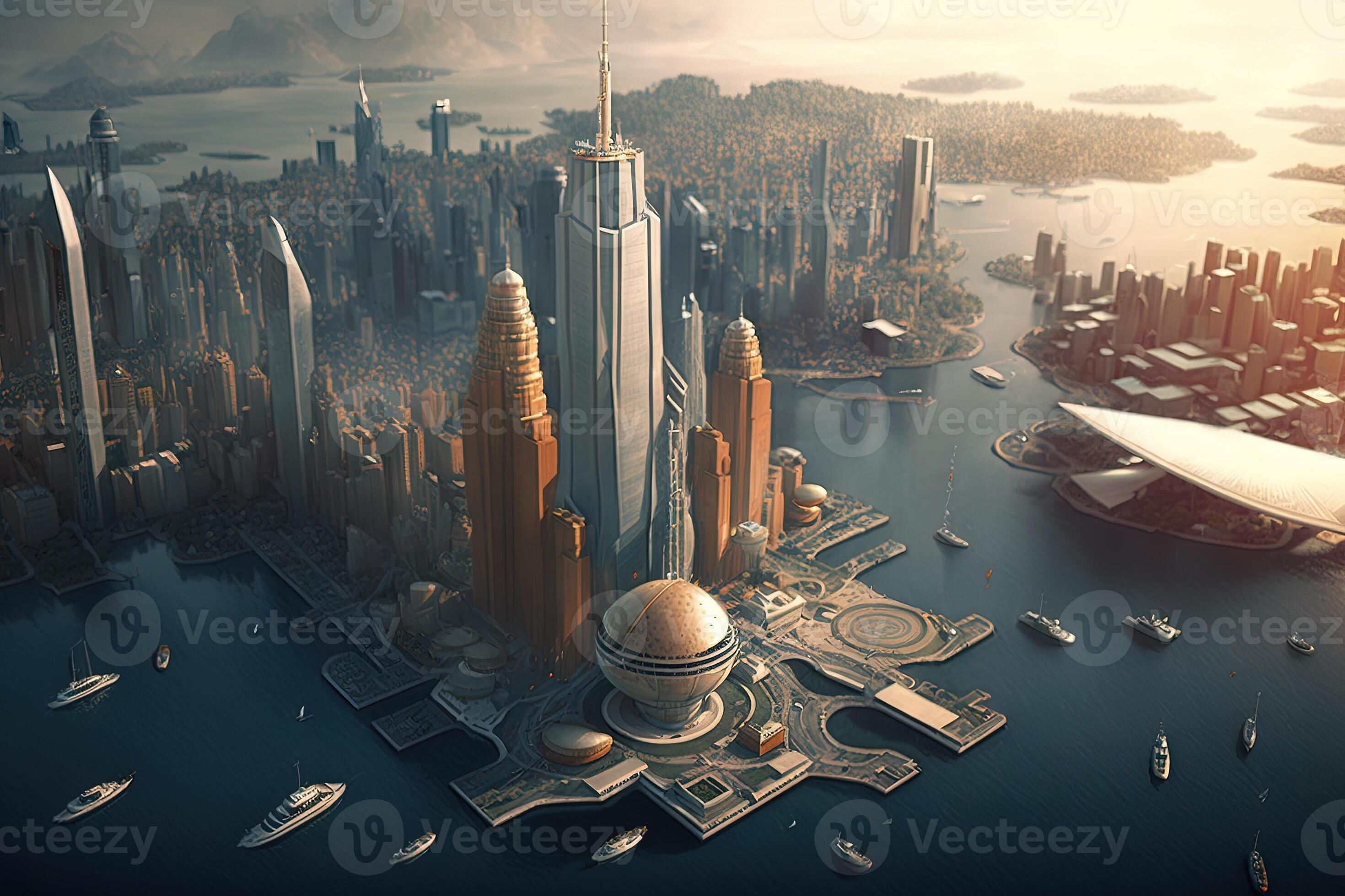 New York City of the future year 2100 with flying cars and new