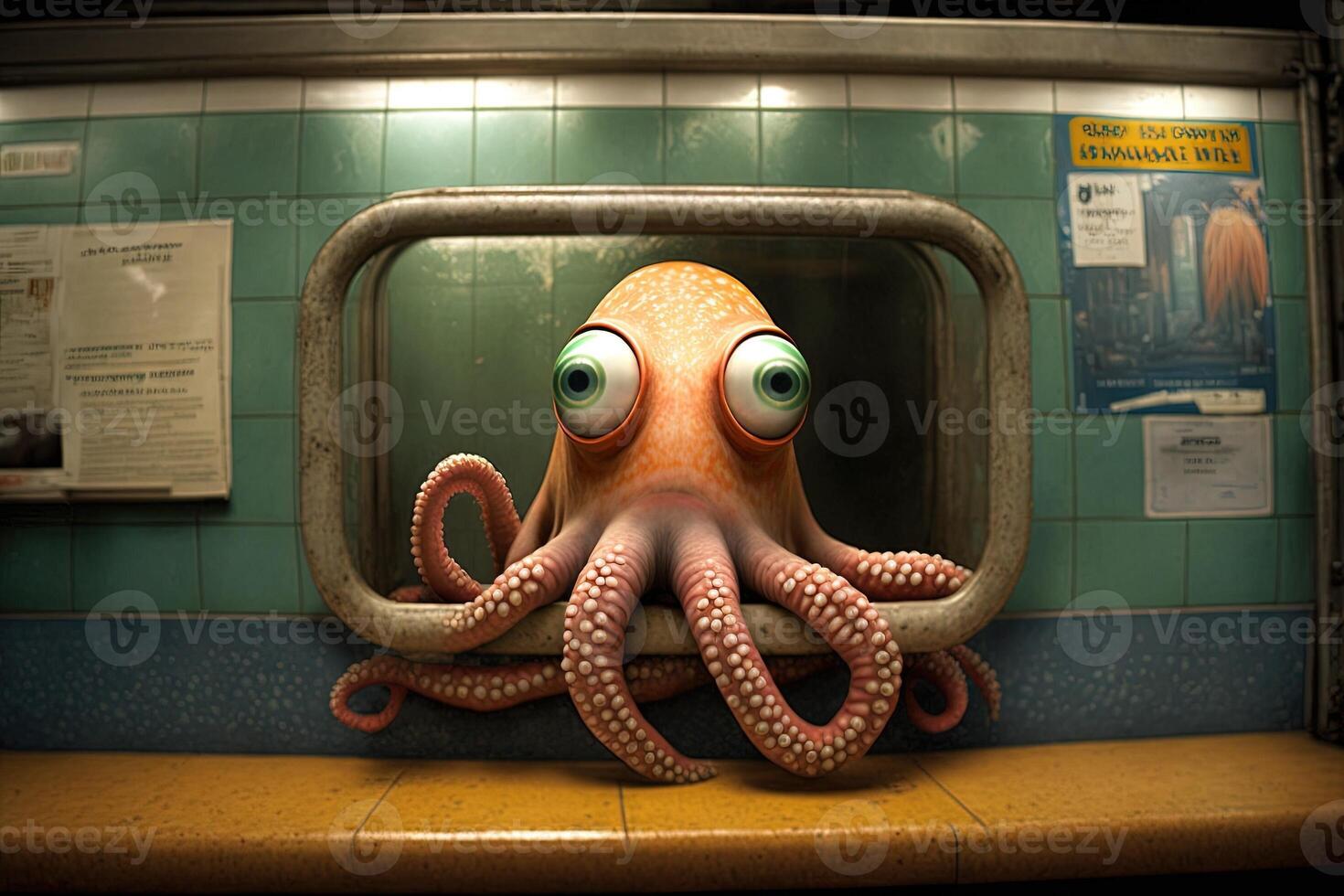 octopus animal on new york city subway underground metro train illustration photo