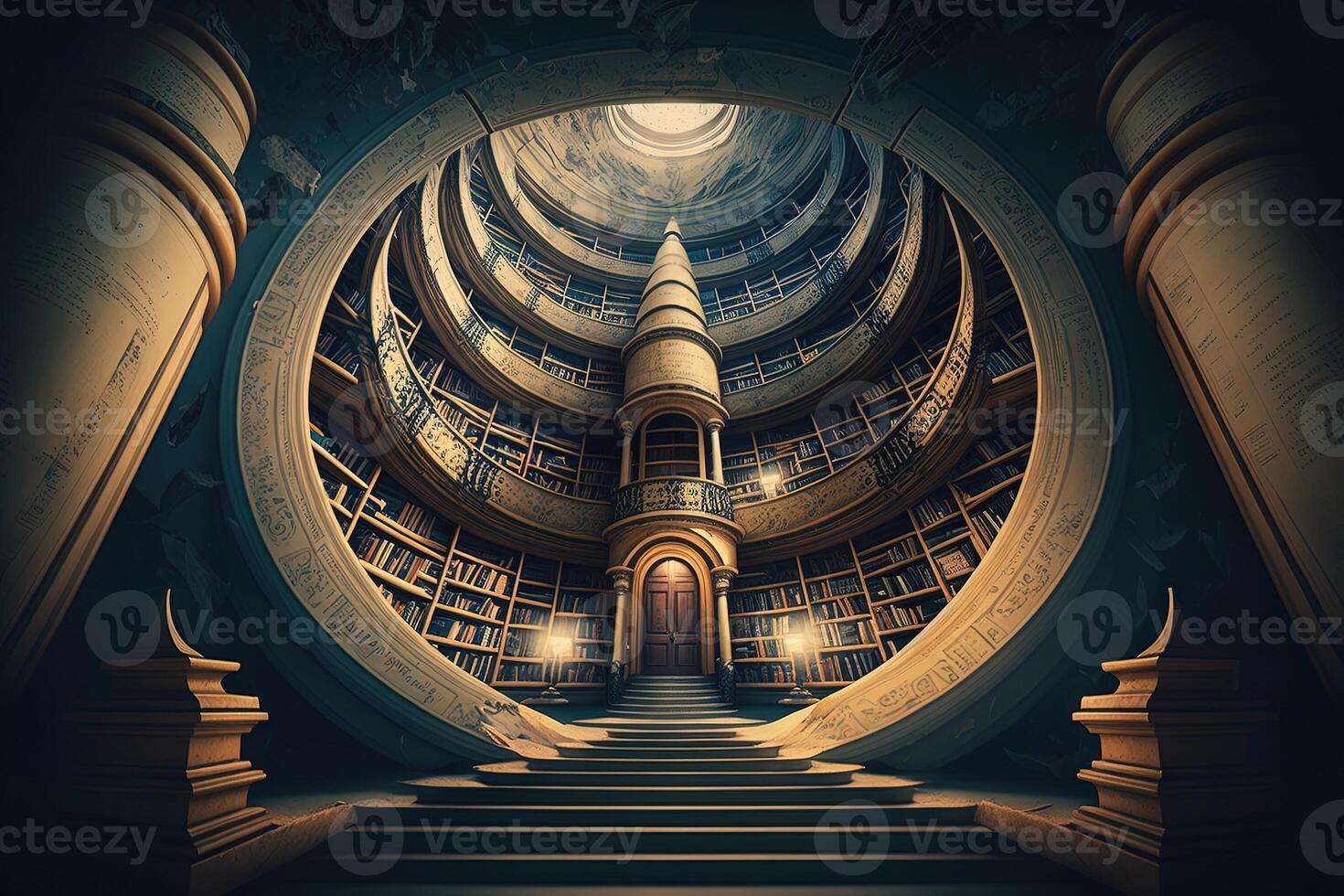 Library of magic. Old scroll library. Stack of ancient scrolls