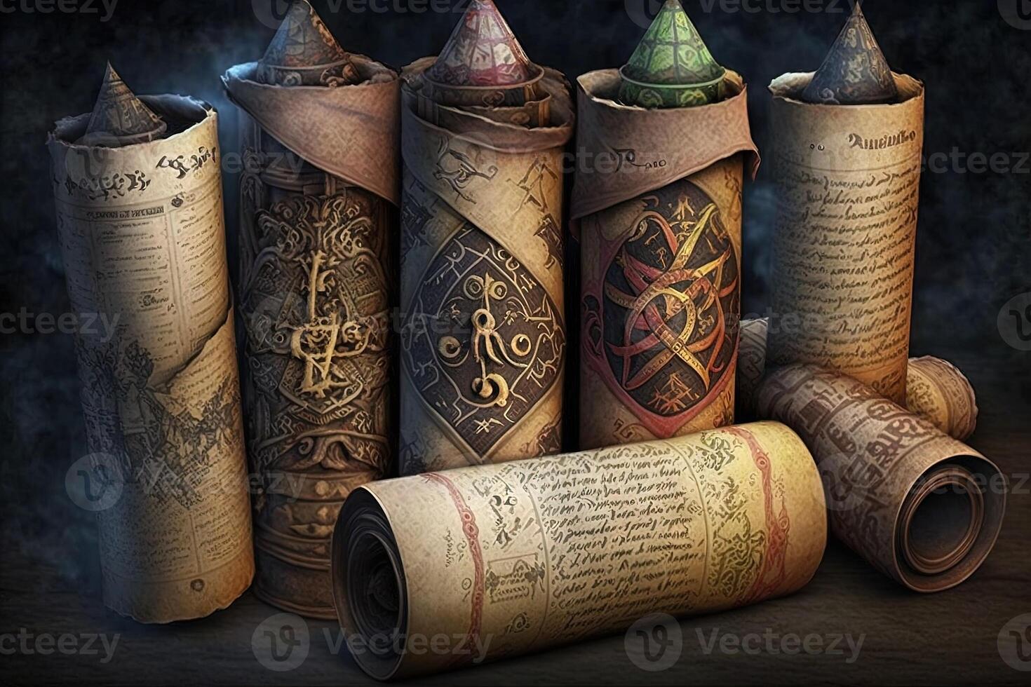 Library of magic. Old scroll Medieval manuscripts library illustration photo