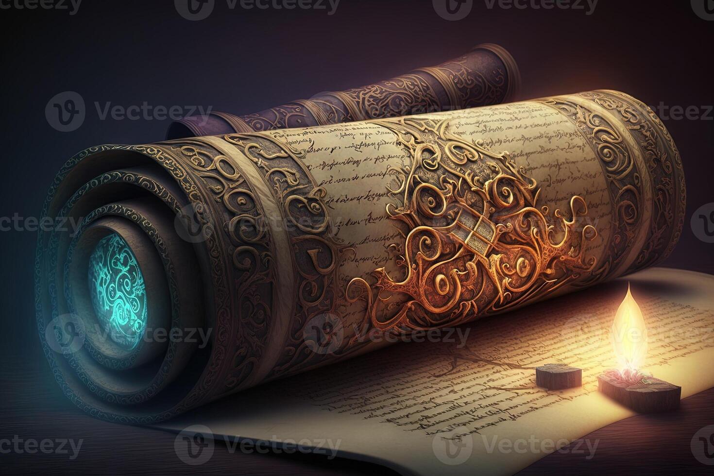 Library of magic. Old scroll Medieval manuscripts library illustration photo