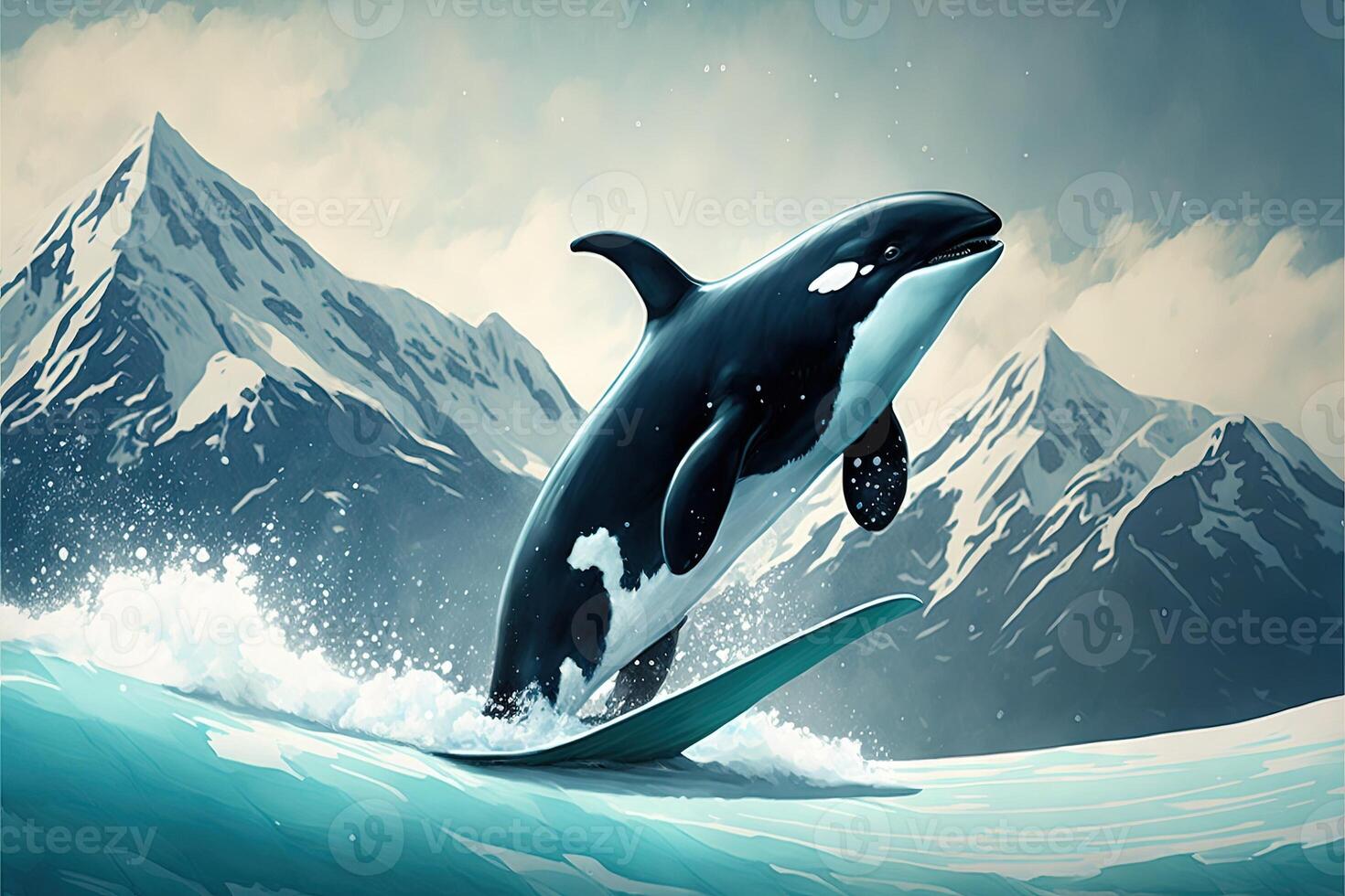 Orca killer whale snowboarding down the snowy mountains photo