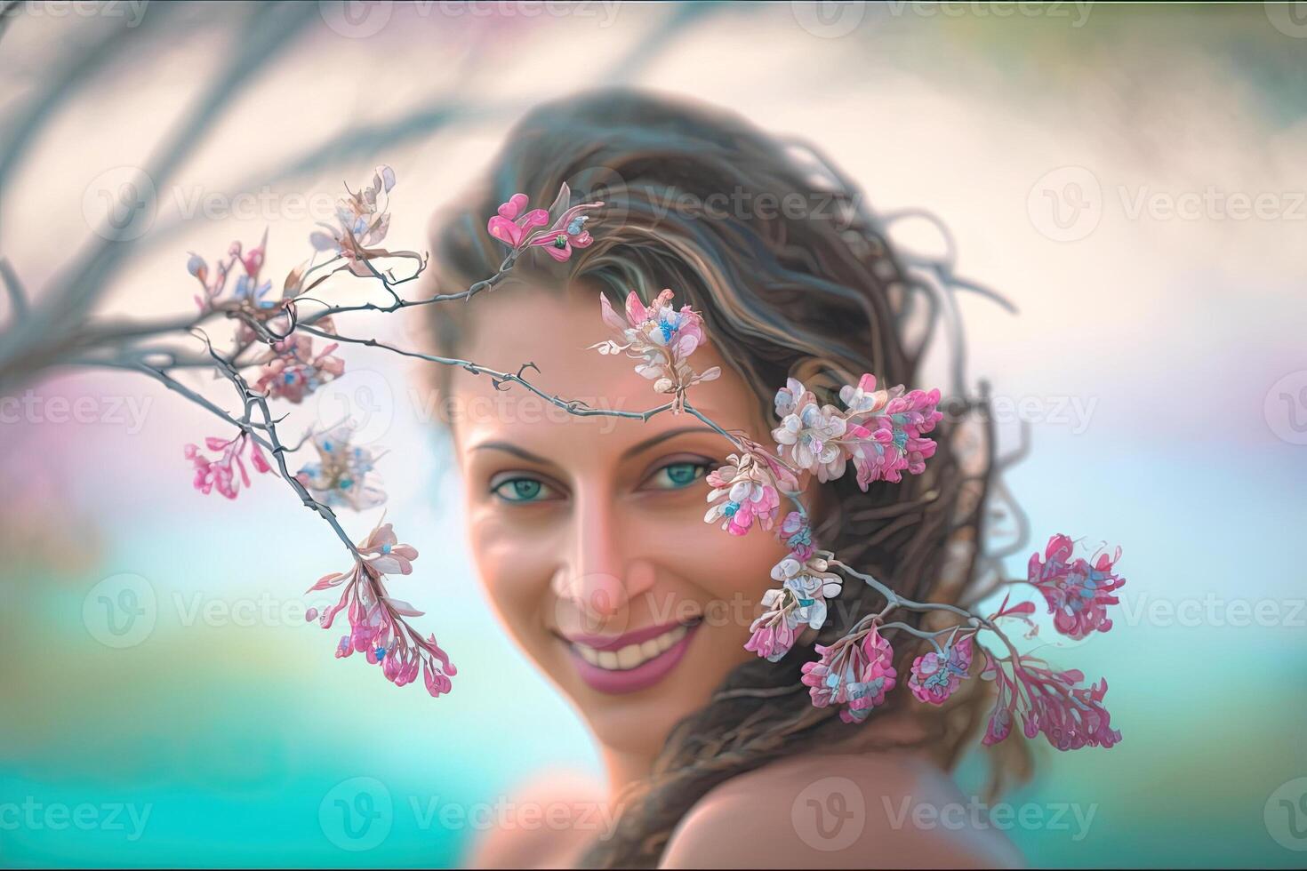 beautiful latina girl on pastel colors of spring illustration photo