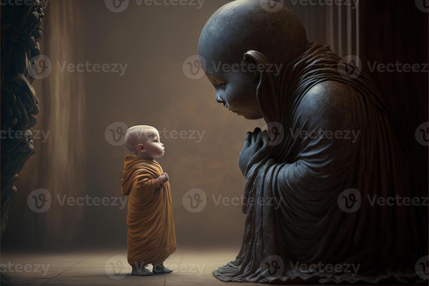 baby buddhist monk praying in front of buddah statue illustration photo