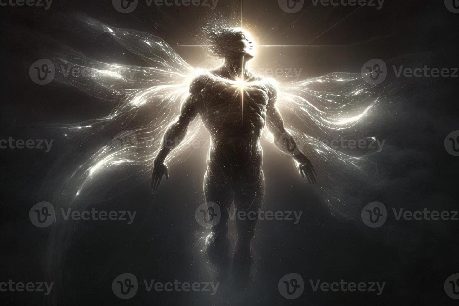 Creature with a body made of light and energy, floating in the air illustration photo