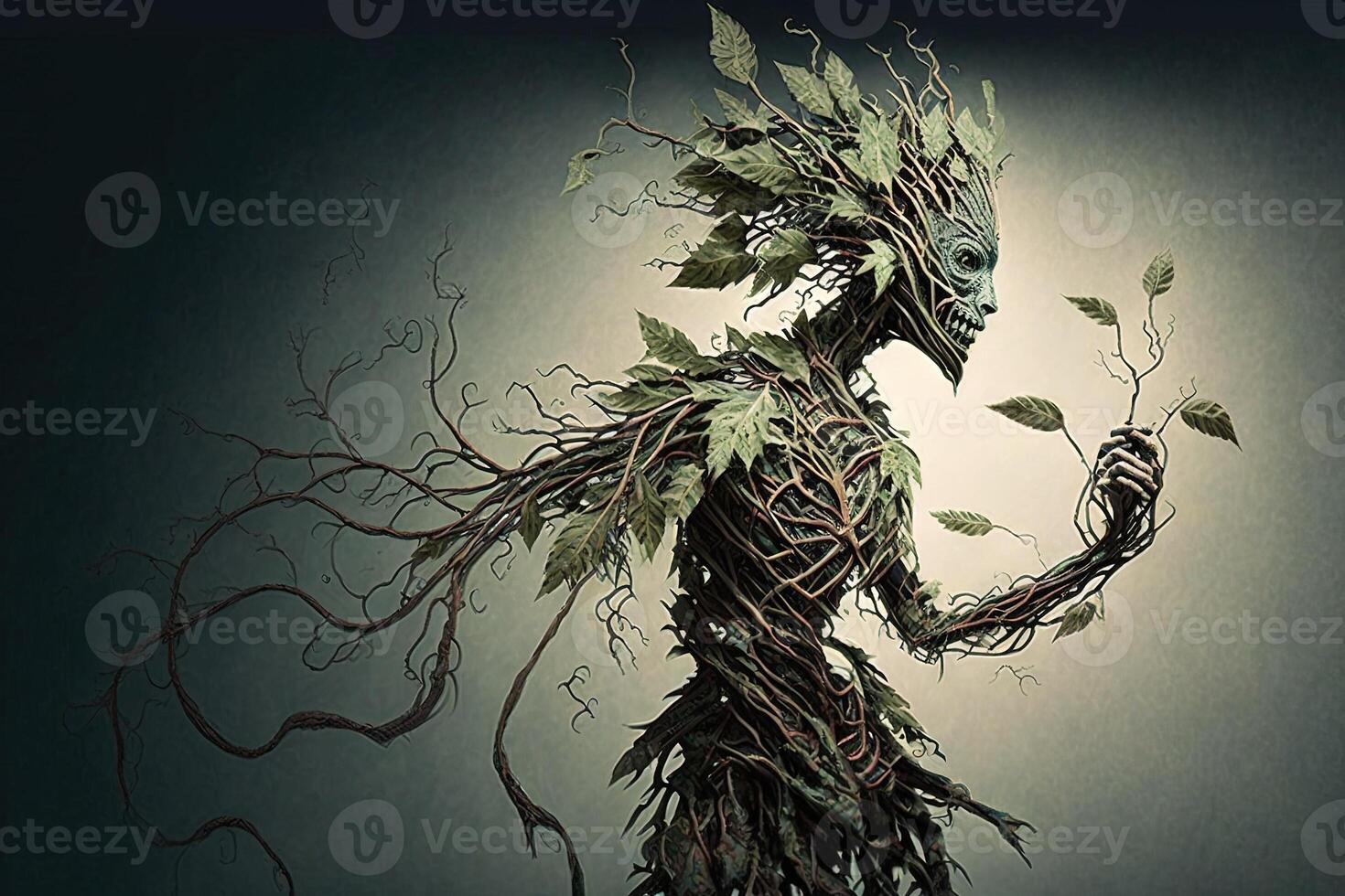 Fantasy plant like creature with a complex network of vines and branches, constantly reaching out and growing illustration photo