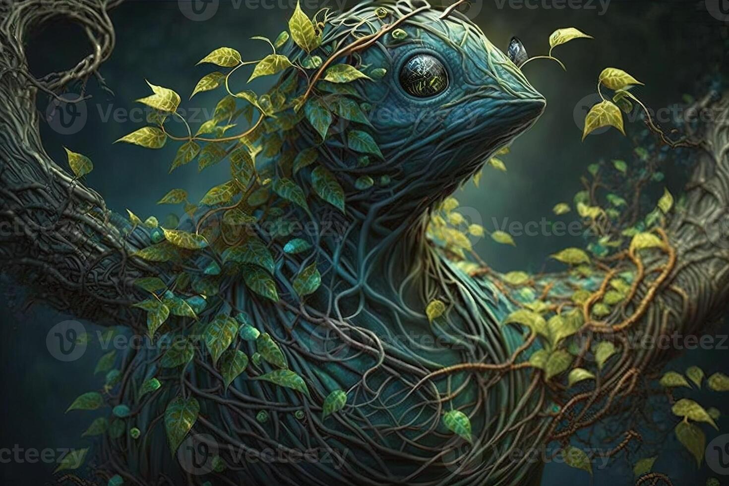 Fantasy plant like creature with a complex network of vines and branches, constantly reaching out and growing illustration photo