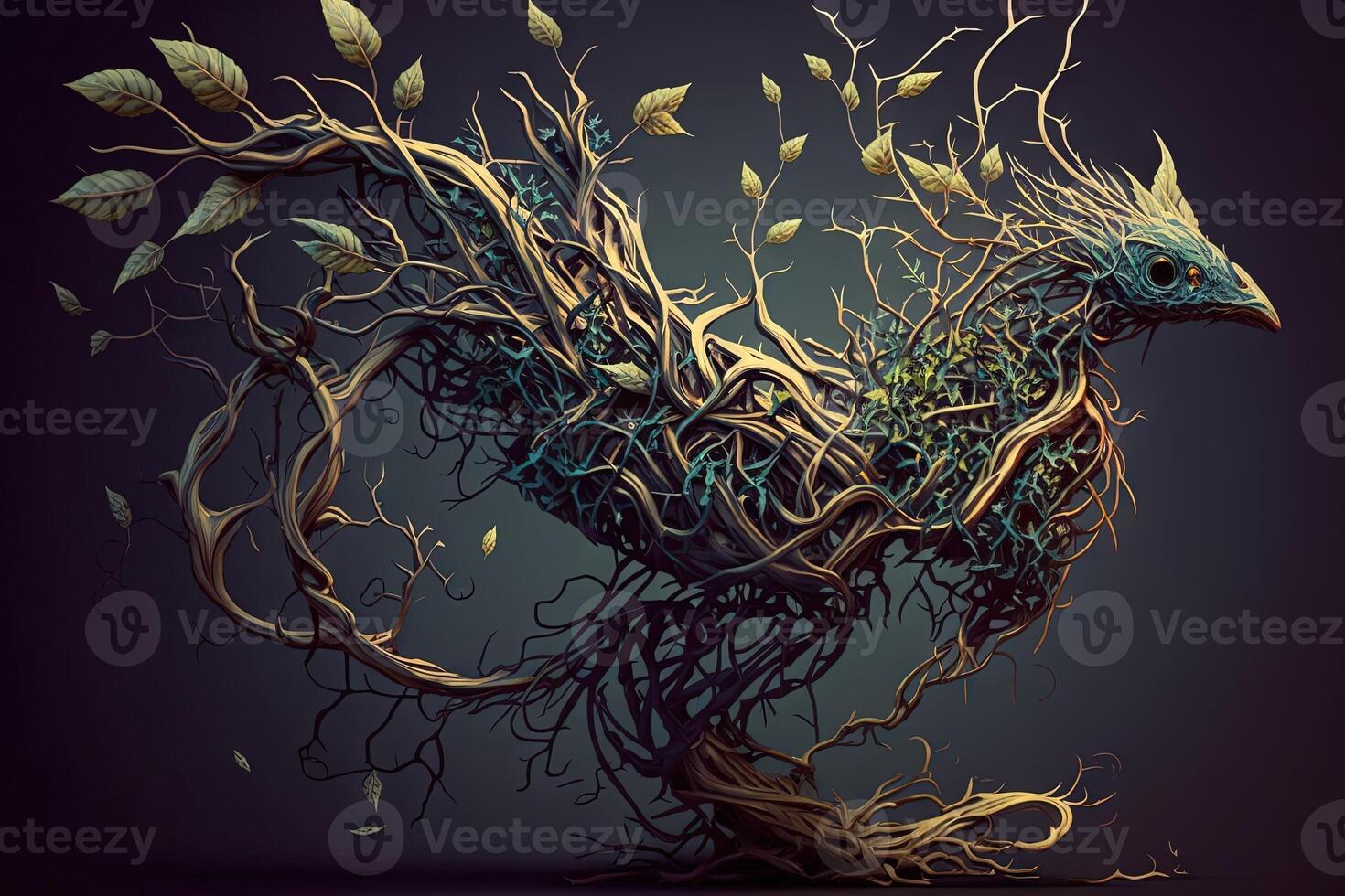 Fantasy plant like creature with a complex network of vines and branches, constantly reaching out and growing illustration photo