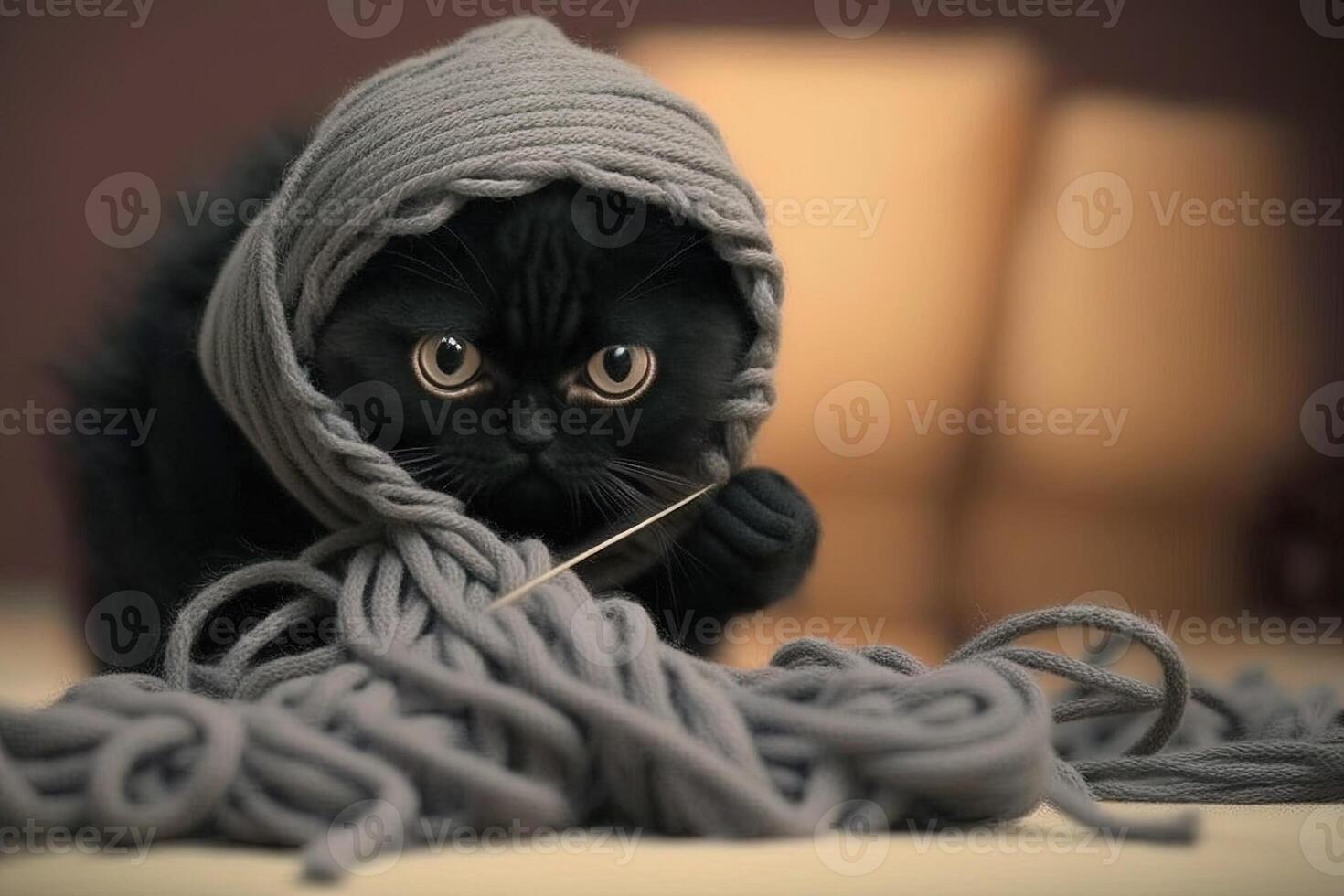 cat dressed in a ninja outfit, stealthily sneaking up on a ball of yarn with its claws at the ready illustration photo