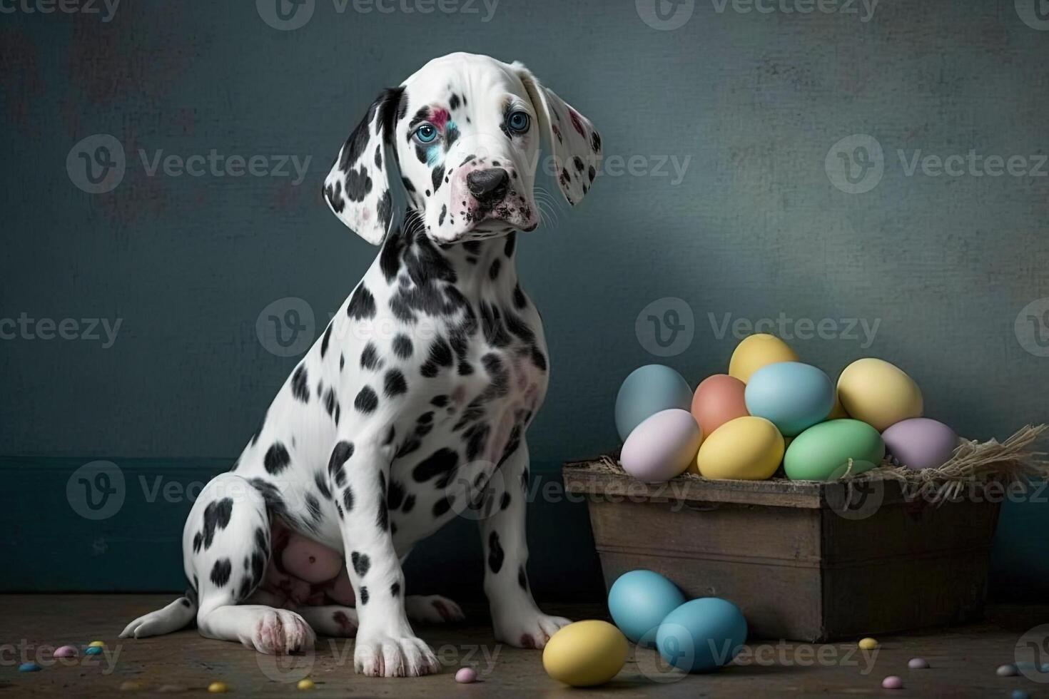 Funny little dalmatian puppy dog and Easter eggs painted in bright colors Happy Easter holiday illustration photo