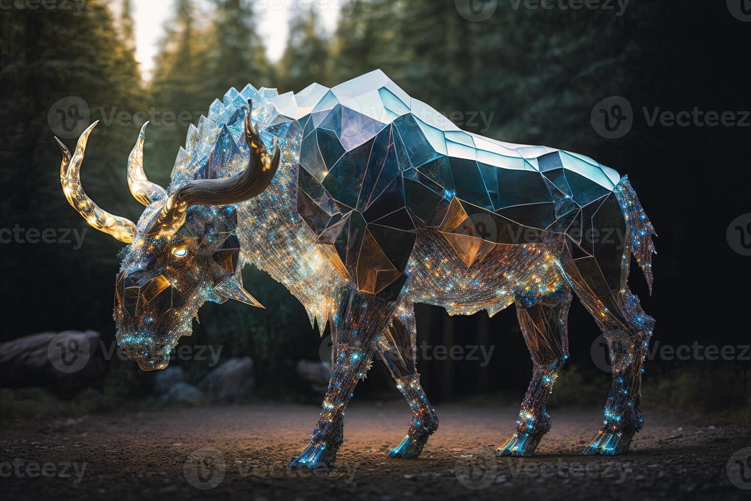 Giant, otherworldly creature made out of translucent crystal, with thousands of shimmering facets that reflect light in a dazzling display illustration photo