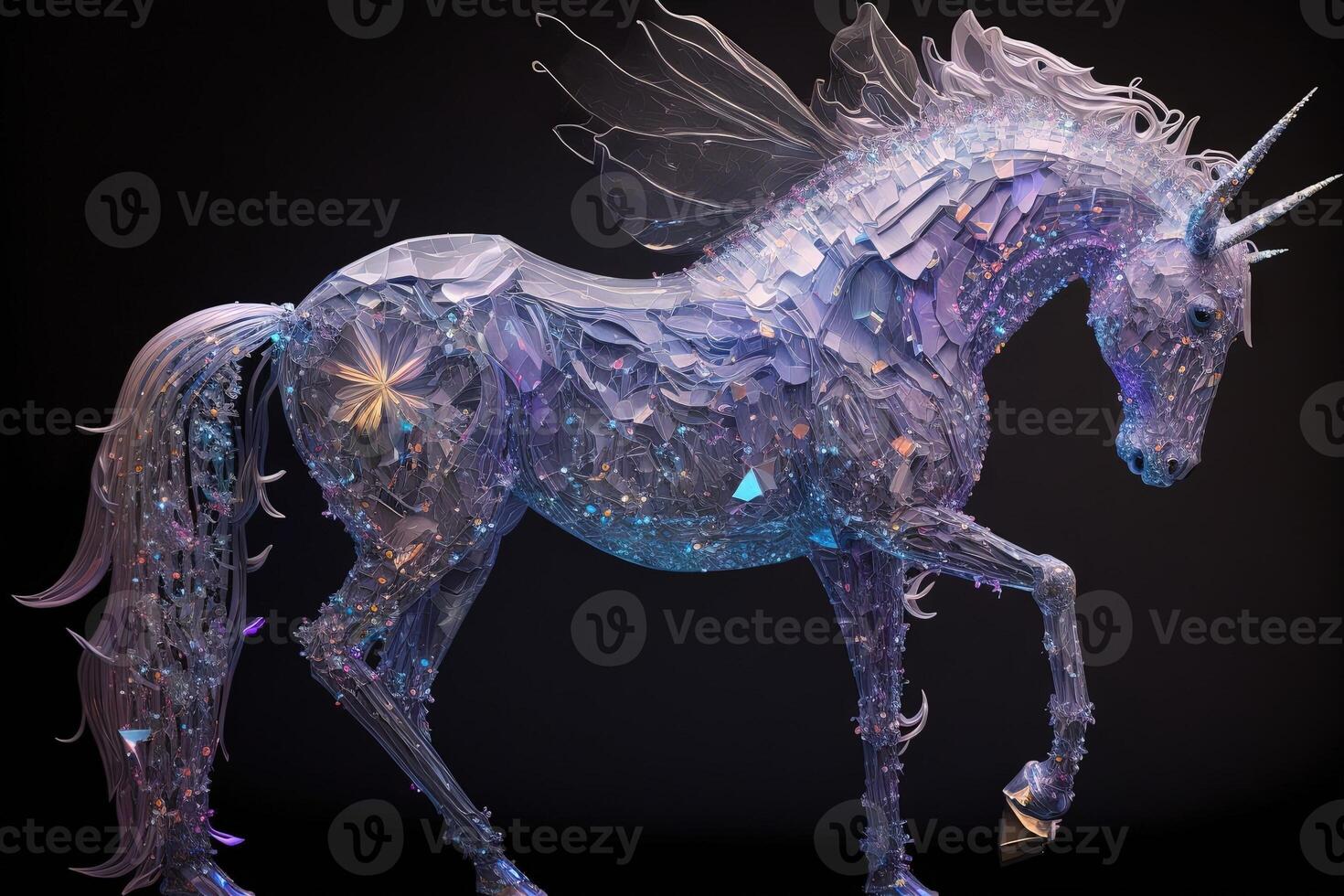 Giant, otherworldly creature made out of translucent crystal, with thousands of shimmering facets that reflect light in a dazzling display illustration photo
