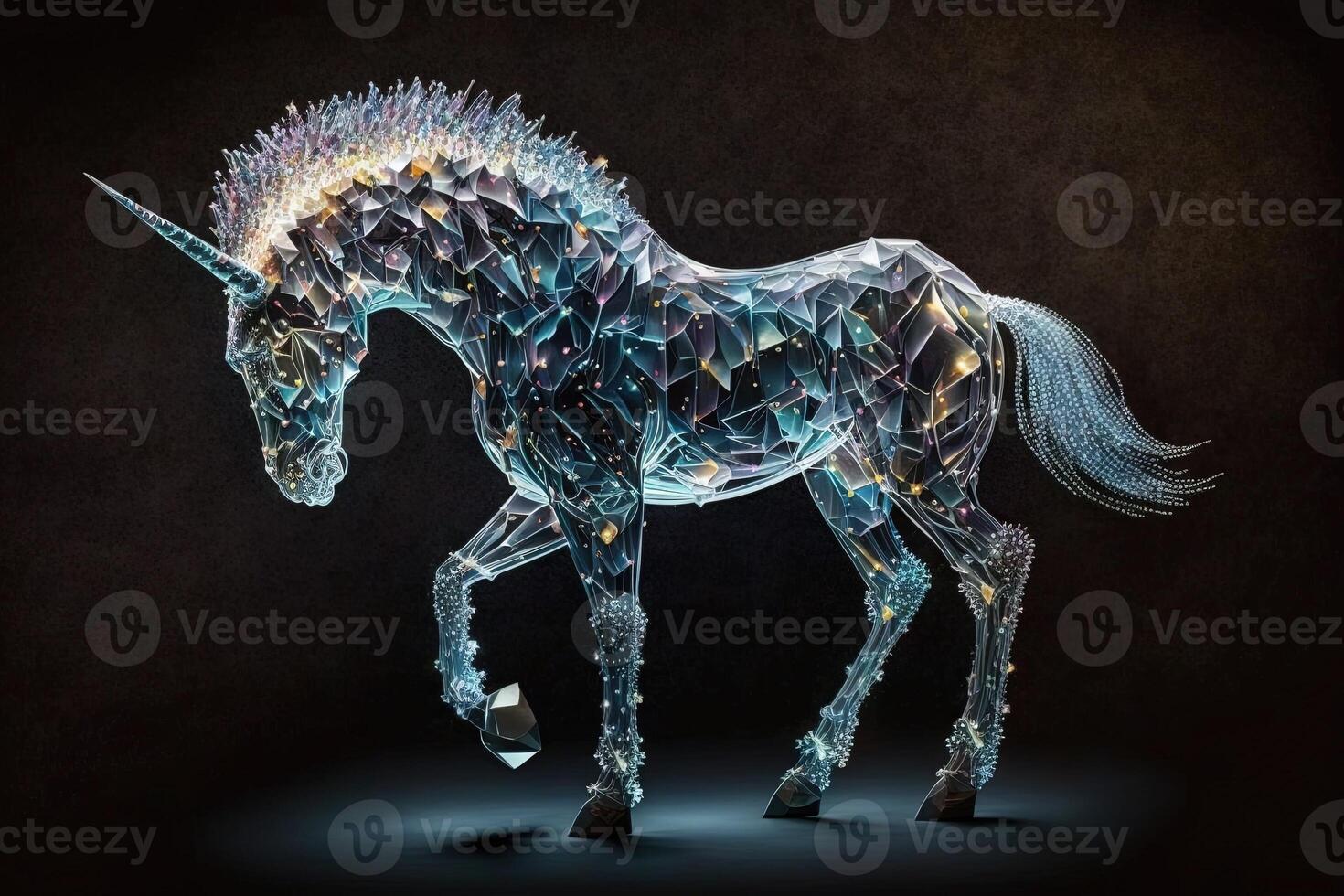 Giant, otherworldly creature made out of translucent crystal, with thousands of shimmering facets that reflect light in a dazzling display illustration photo