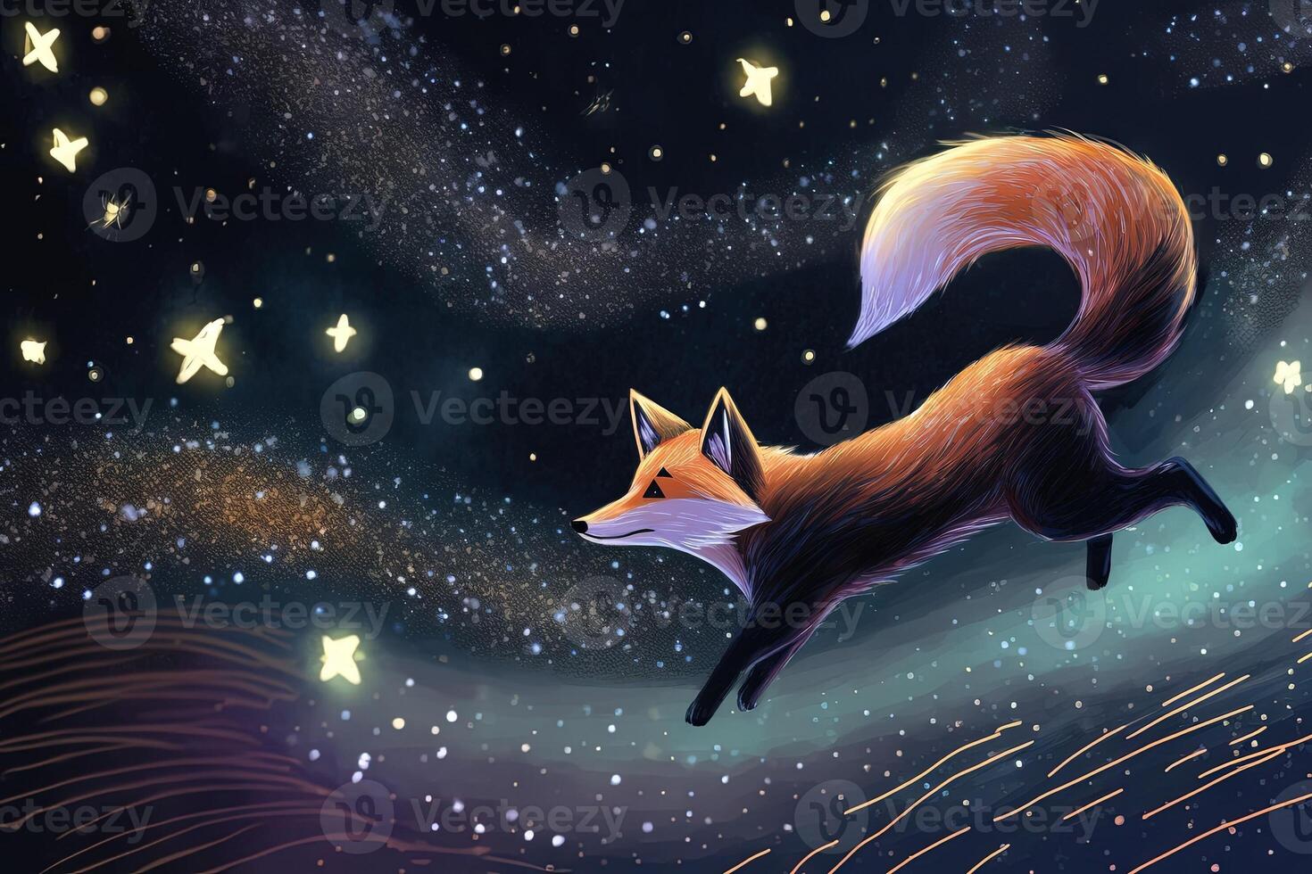 Anime style Fox hunting on starry night illustration photo