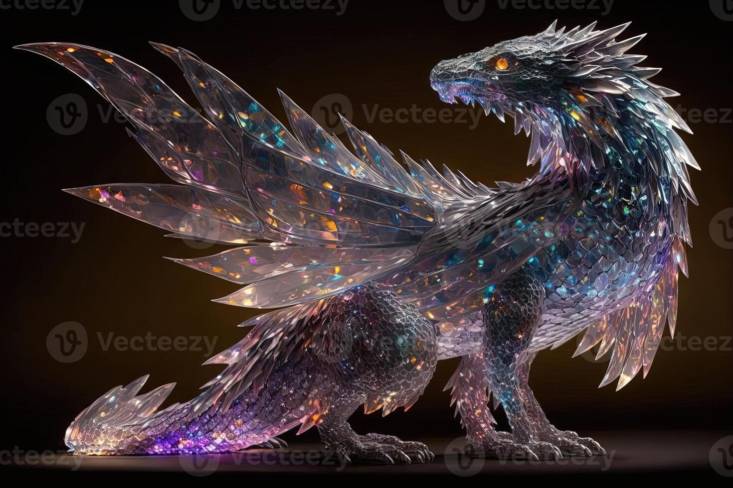 Giant, otherworldly creature made out of translucent crystal, with thousands of shimmering facets that reflect light in a dazzling display illustration photo