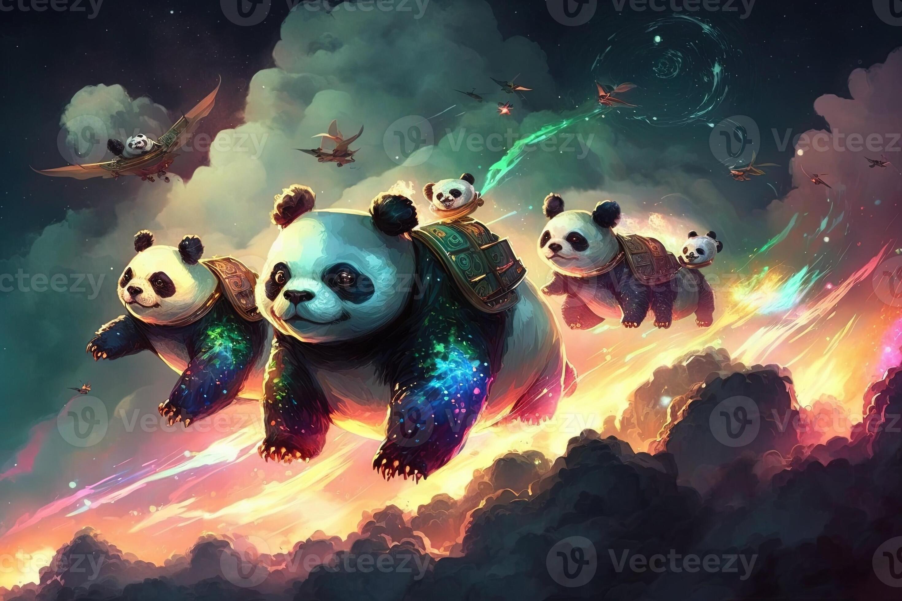 group of pandas riding on the backs of flying turtles, soaring through 