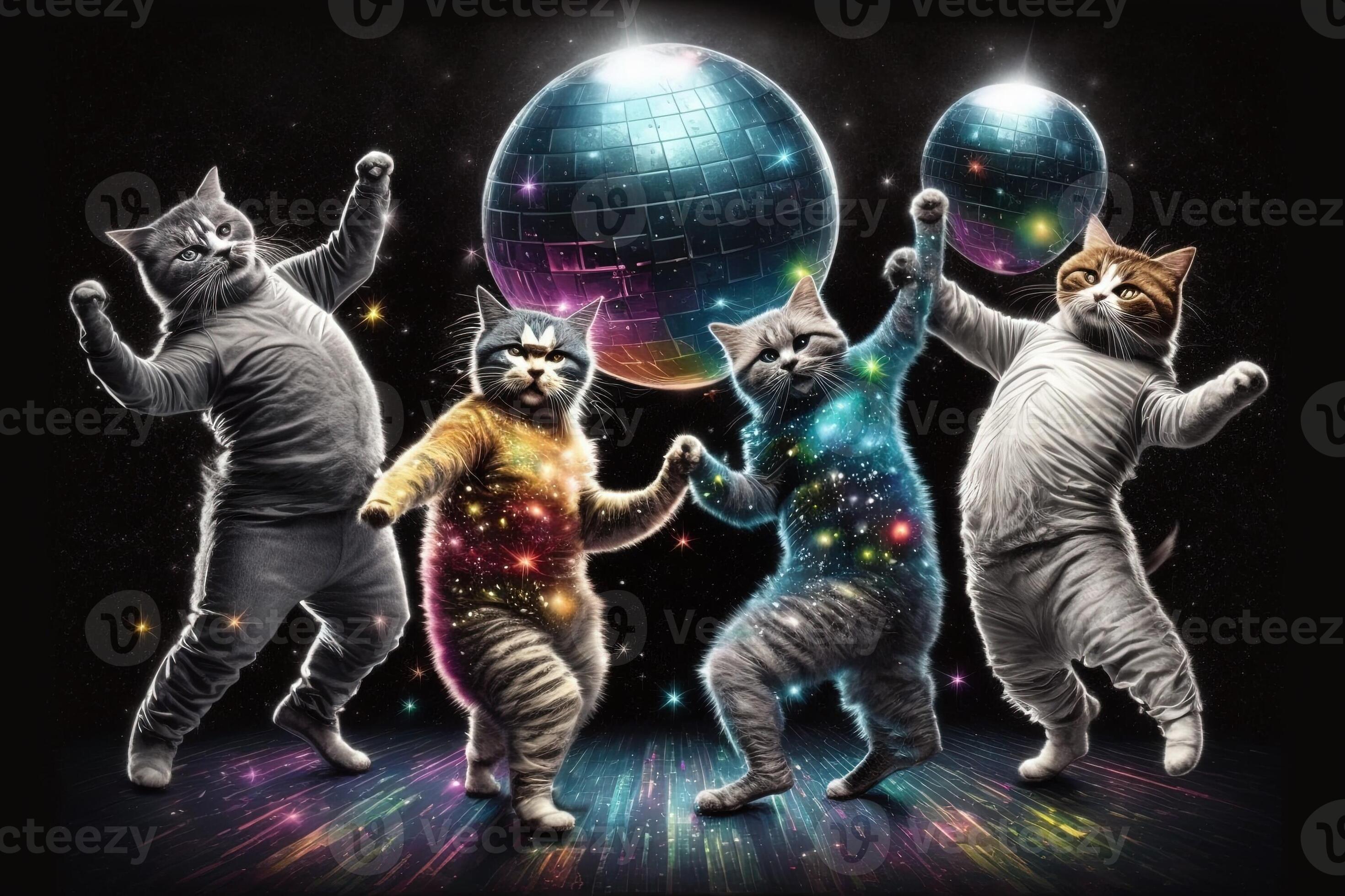group of cats dressed up in disco clothes, dancing under a glittering
