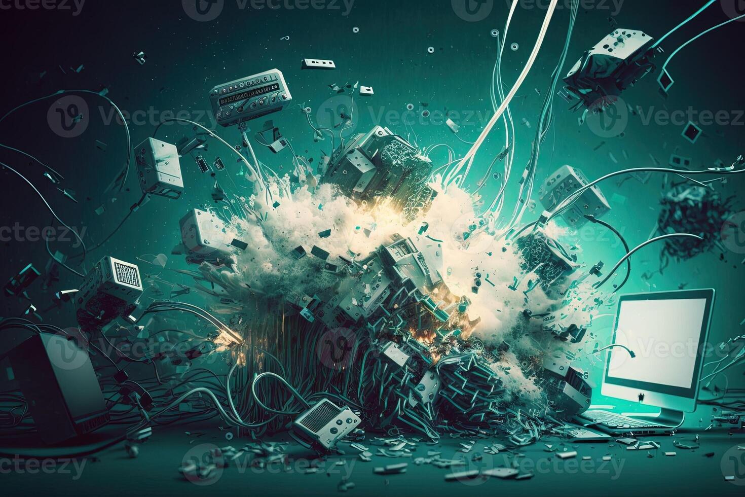 group of electronics gadgets exploding illustration photo