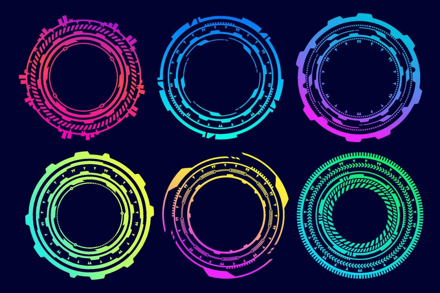 HUD futuristic elements. Abstract optical neon aim. Circle geometric shapes for virtual interface and games. Camera viewfinder for sniper weapon. Vector set