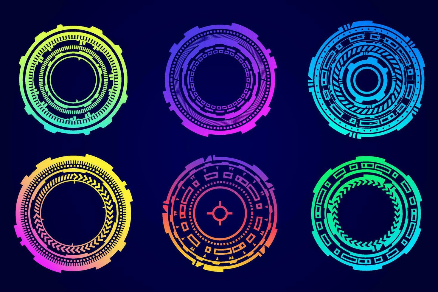 HUD futuristic elements. Abstract optical neon aim. Circle geometric shapes for virtual interface and games. Camera viewfinder for sniper weapon. Vector set