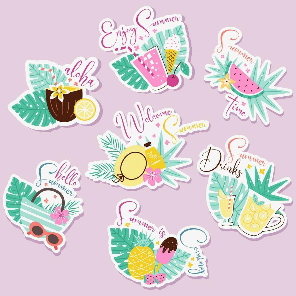 Summer stickers collection with different seasonal elements vector