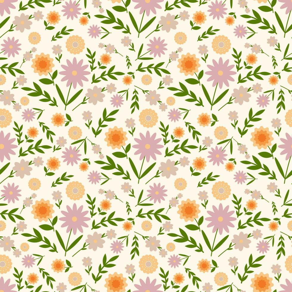 Seamless floral vector pattern. Surface design with small plants as flowers, leaves, twigs, isolated on a beige background.