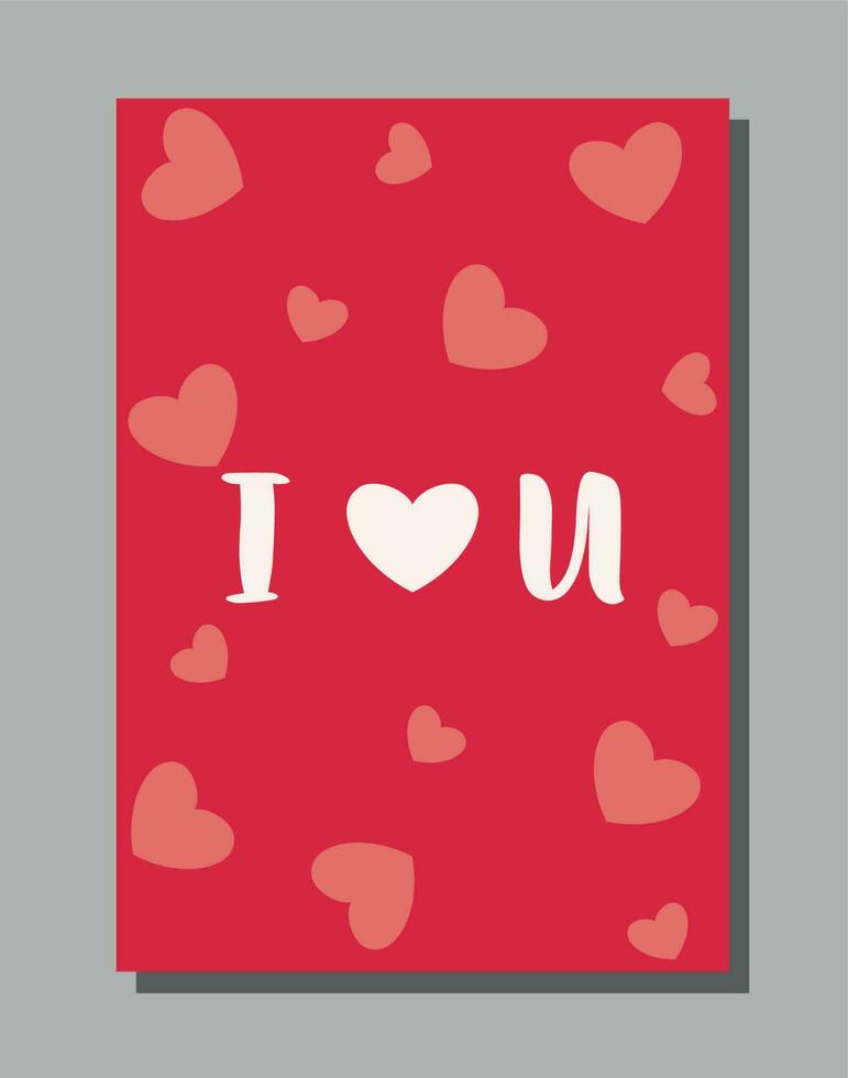 tarjeta postal con un declaración de amor. Felicidades en San Valentín día. rojo tarjeta con corazones y el inscripción yo amor usted vector