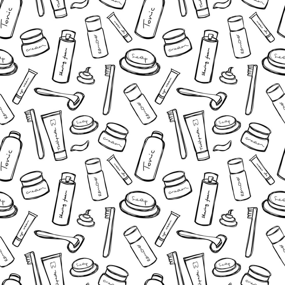 Cute doodle bathroom accessoriesseamless pattern. Set of bath accessories in doodle style. Vector illustration