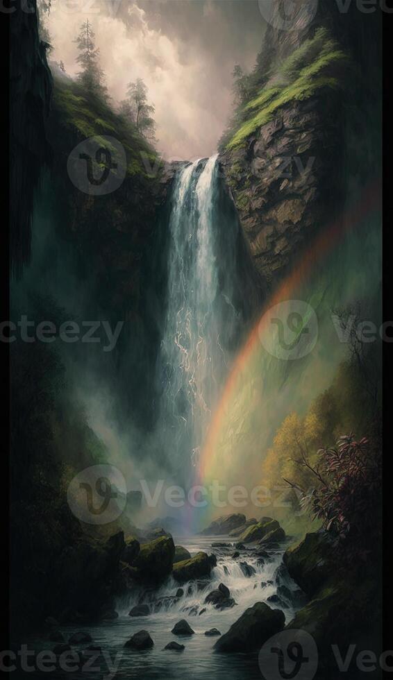 peaceful and serene image of a waterfall cascading down a cliff, with lush green foliage and a rainbow forming in the misty spray smartphone background wallpaper illustration photo