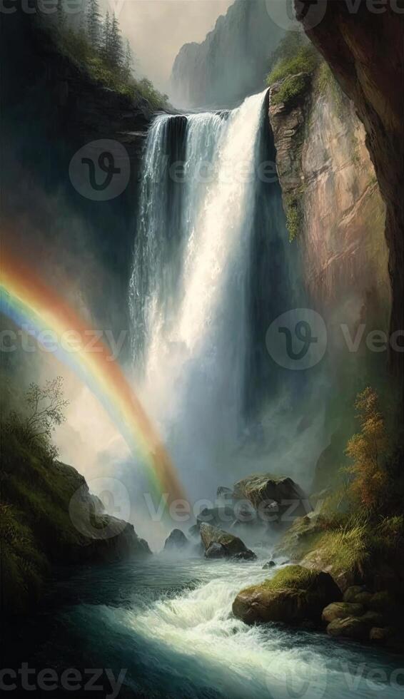 peaceful and serene image of a waterfall cascading down a cliff, with lush green foliage and a rainbow forming in the misty spray smartphone background wallpaper illustration photo