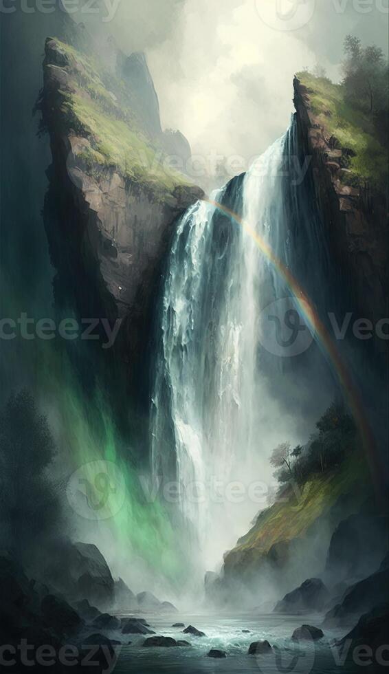 peaceful and serene image of a waterfall cascading down a cliff, with lush green foliage and a rainbow forming in the misty spray smartphone background wallpaper illustration photo